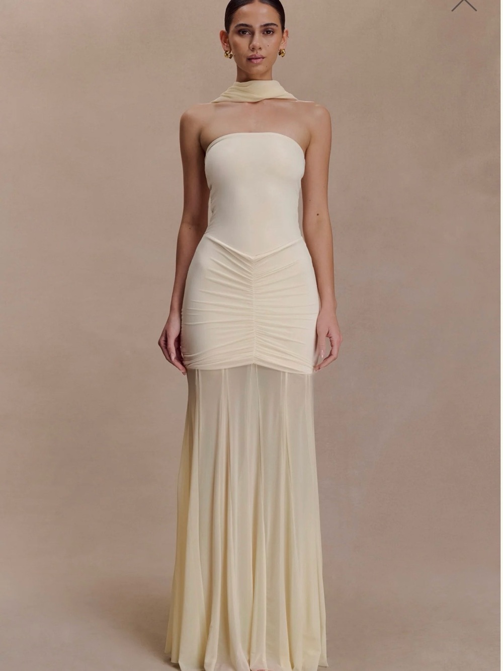 Strapless Ruched Mesh Gown in Cream